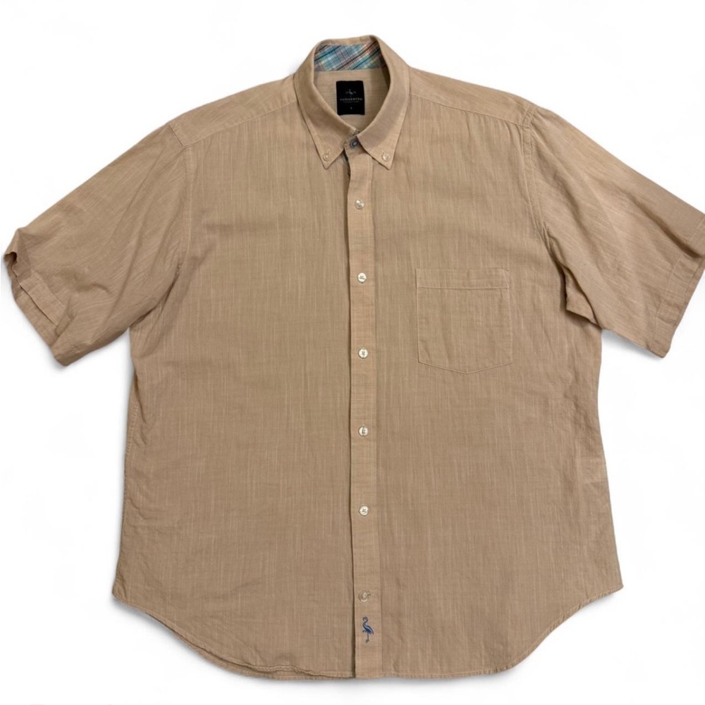 TailorByrd Beige Cotton Short Sleeve Button Down Shirt | Summer Golf Preppy - Picture 2 of 9